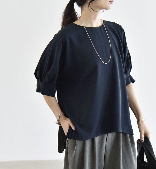 quaranciel「〈手洗い可能〉ストレッチ ジョーゼット ハーフスリーブ コンビ ブラウス」|シャツ・ブラウス|ネイビー