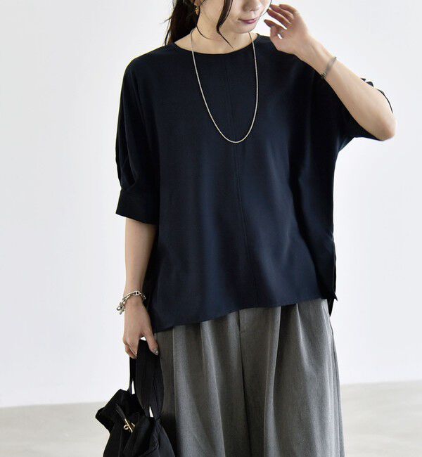 quaranciel「〈手洗い可能〉ストレッチ ジョーゼット ハーフスリーブ コンビ ブラウス」|シャツ・ブラウス|