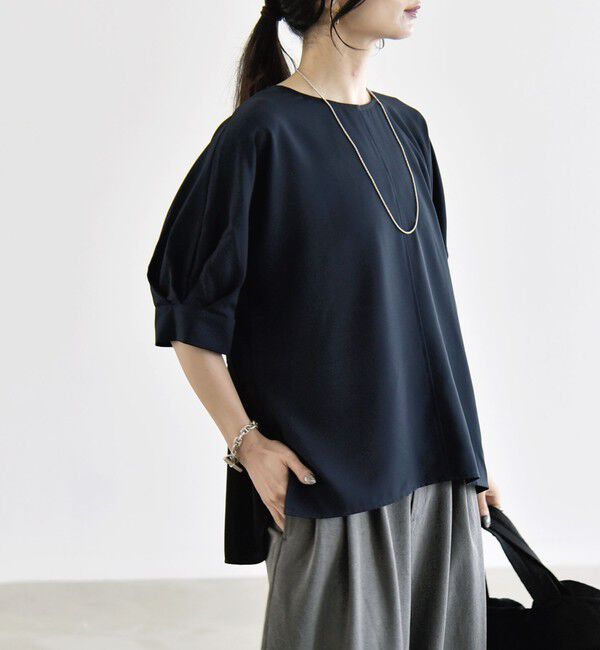 quaranciel「〈手洗い可能〉ストレッチ ジョーゼット ハーフスリーブ コンビ ブラウス」|シャツ・ブラウス|
