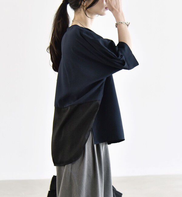 quaranciel「〈手洗い可能〉ストレッチ ジョーゼット ハーフスリーブ コンビ ブラウス」|シャツ・ブラウス|