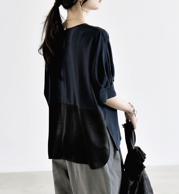 quaranciel「〈手洗い可能〉ストレッチ ジョーゼット ハーフスリーブ コンビ ブラウス」|シャツ・ブラウス|