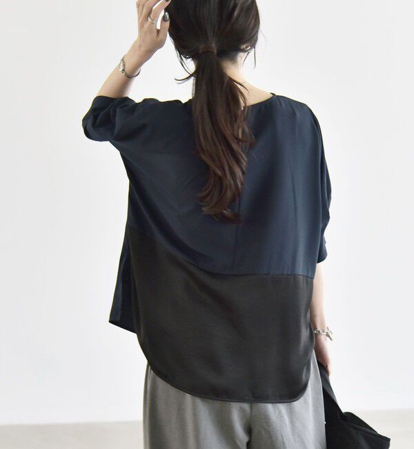 quaranciel「〈手洗い可能〉ストレッチ ジョーゼット ハーフスリーブ コンビ ブラウス」|シャツ・ブラウス|