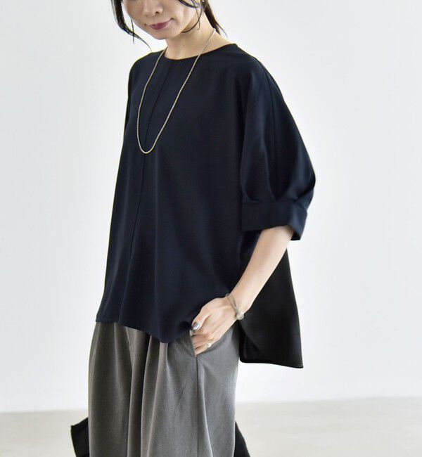 quaranciel「〈手洗い可能〉ストレッチ ジョーゼット ハーフスリーブ コンビ ブラウス」|シャツ・ブラウス|