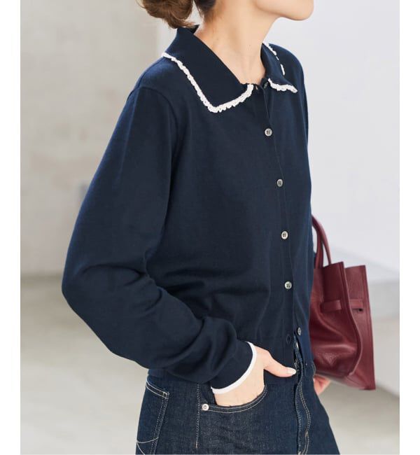 Spick and Span「《一部店舗+WEB限定予約》フリルレースポロシャツニットカーディガン」|ニット・セーター|