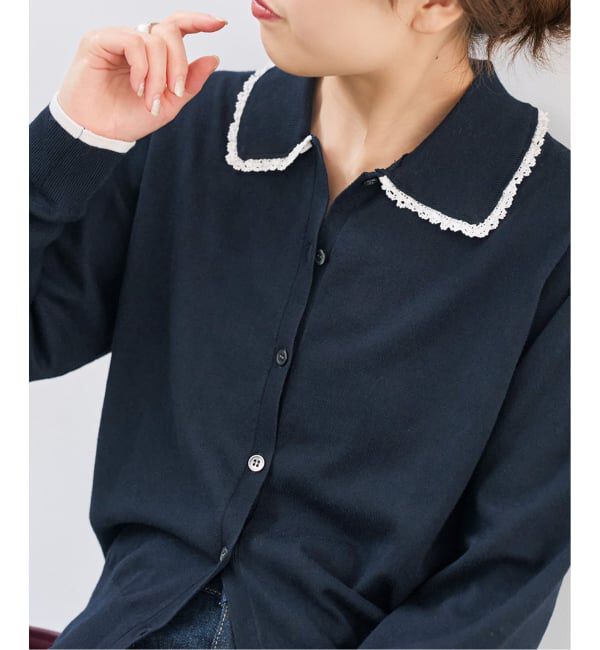Spick and Span「《一部店舗+WEB限定予約》フリルレースポロシャツニットカーディガン」|ニット・セーター|