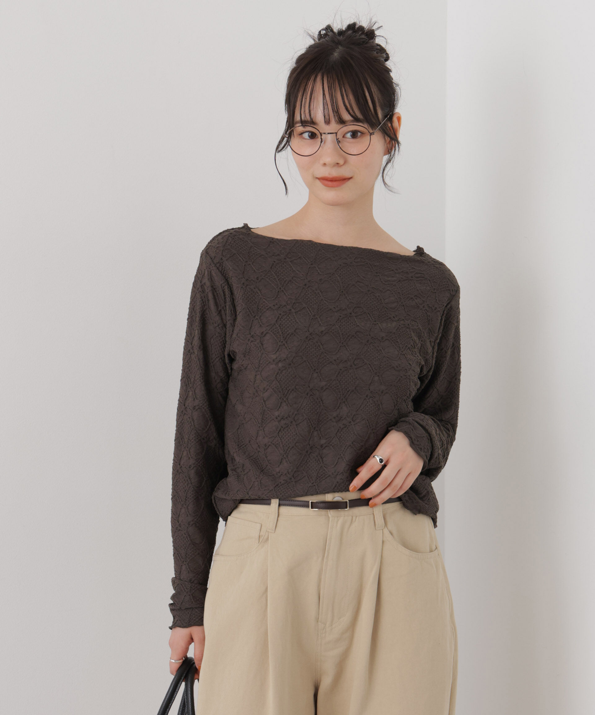 NANO universe「ウェーブジャガードカットメローロングスリーブトップス」|Tシャツ・カットソー|ブラウン