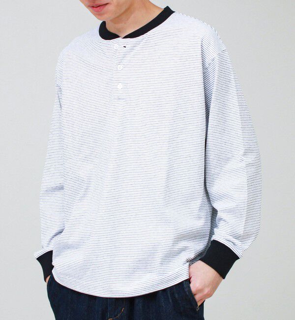 GLOSTER「【多機能】Functionボーダー ヘンリーネックロンT」|Tシャツ・カットソー|ホワイト系その他