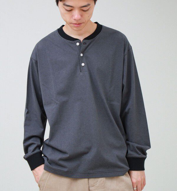 GLOSTER「【多機能】Functionボーダー ヘンリーネックロンT」|Tシャツ・カットソー|グレー系その他