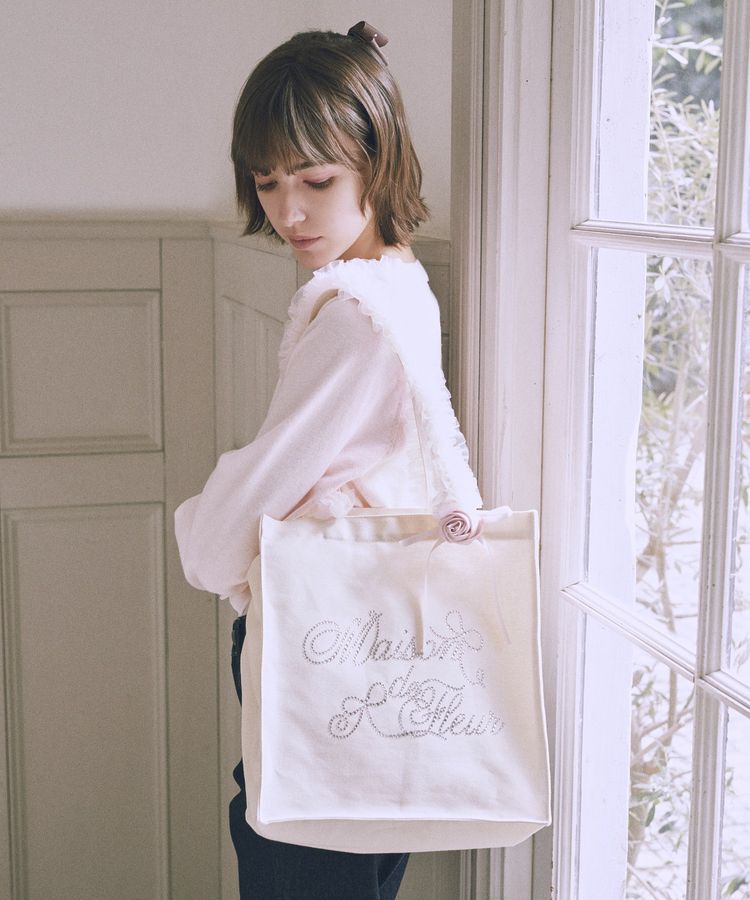 Maison de FLEUR「【A4対応】チュールハンドルローズスクエアトートバッグ」|トートバッグ|ピンク