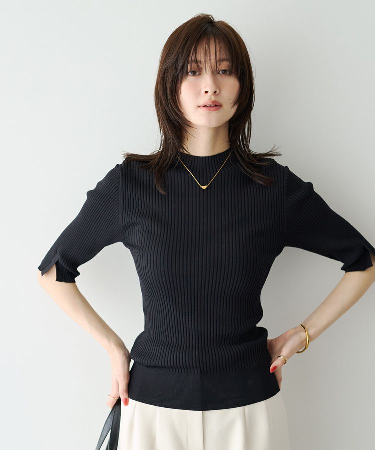 YECCA VECCA「ハイネック5分袖リブニット」|ニット・セーター|Black