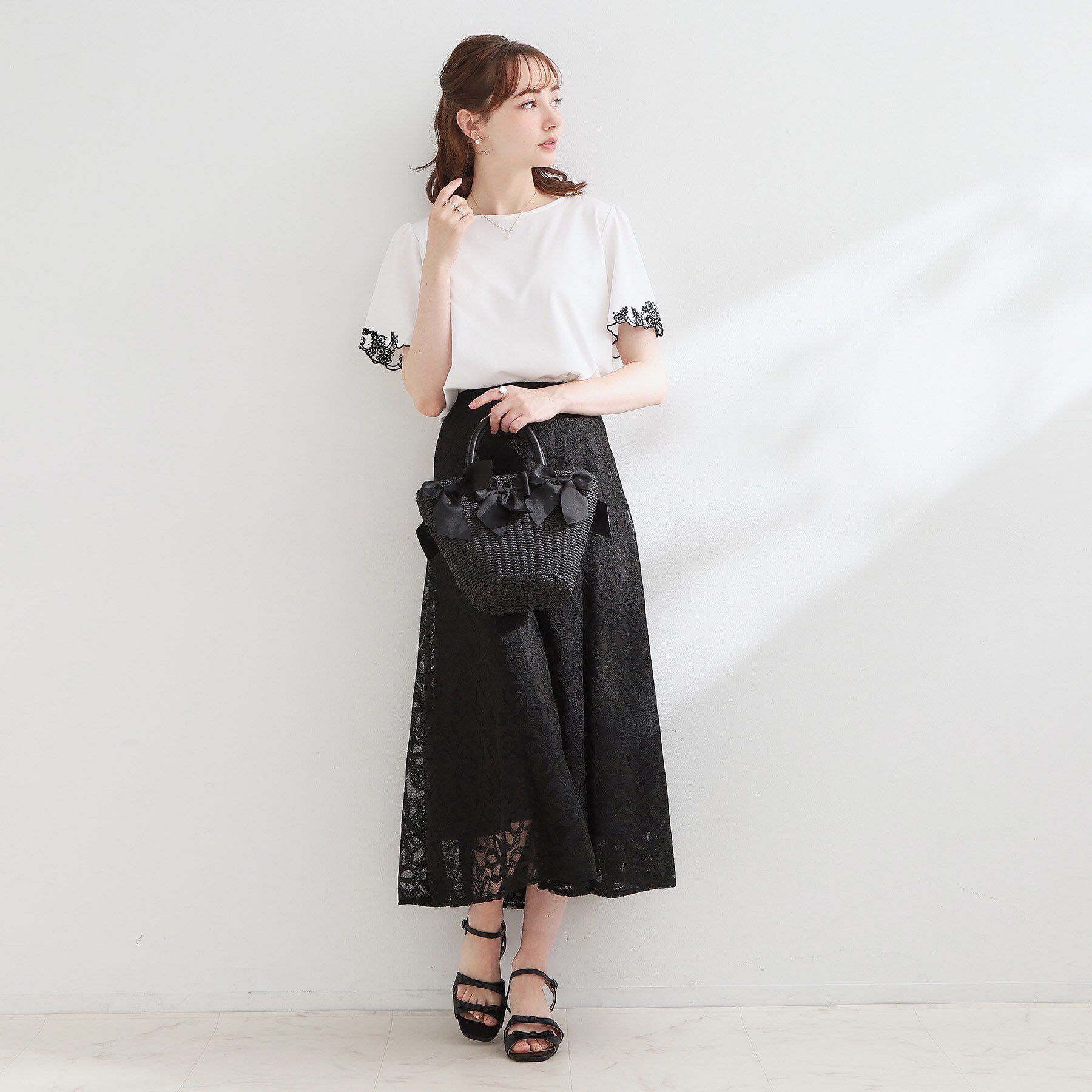 Couture broach「【洗える】リボン エンブロ スカート」|スカート|