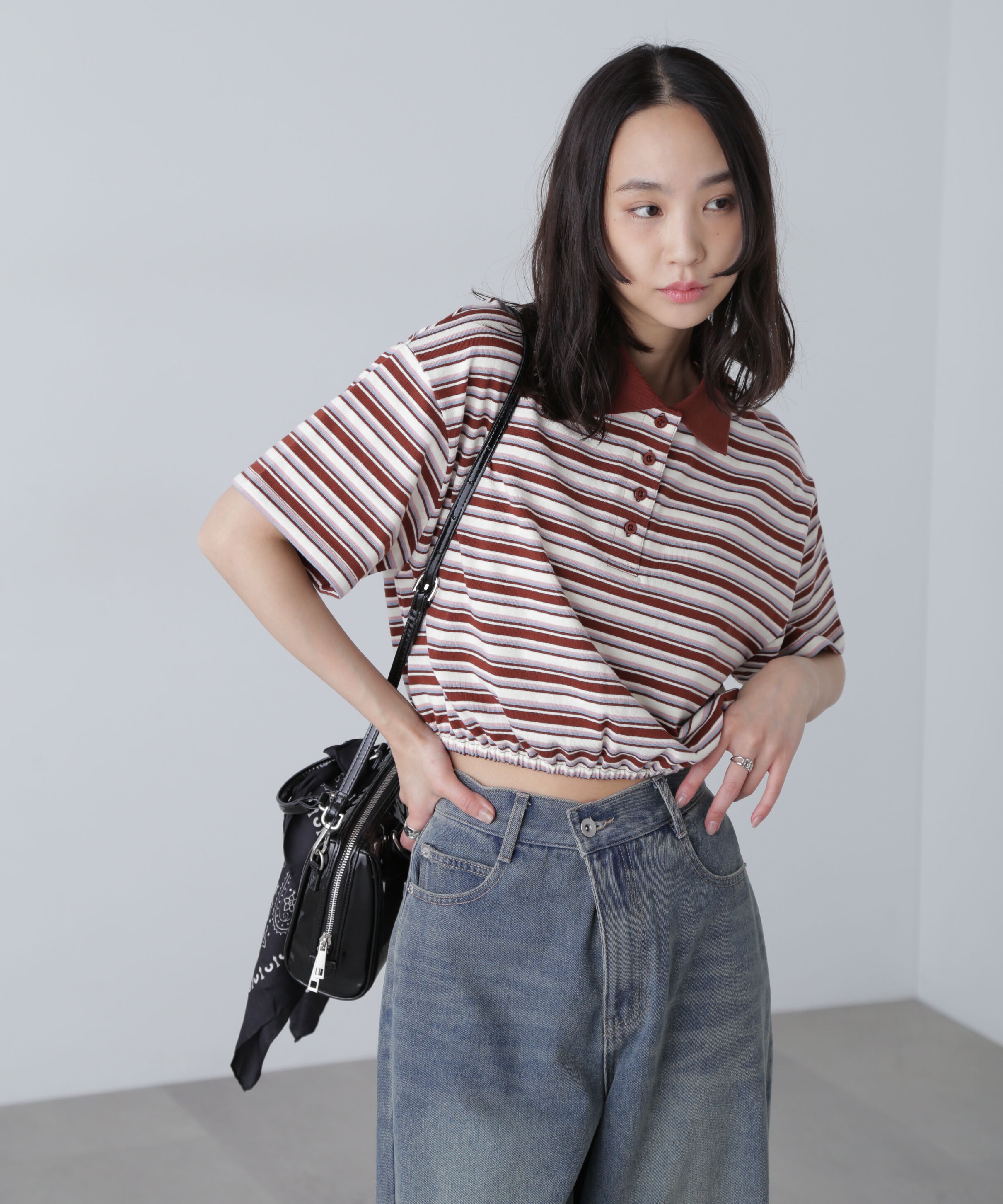  「ボーダーポロクロップドトップス」|Tシャツ・カットソー|ボルドー