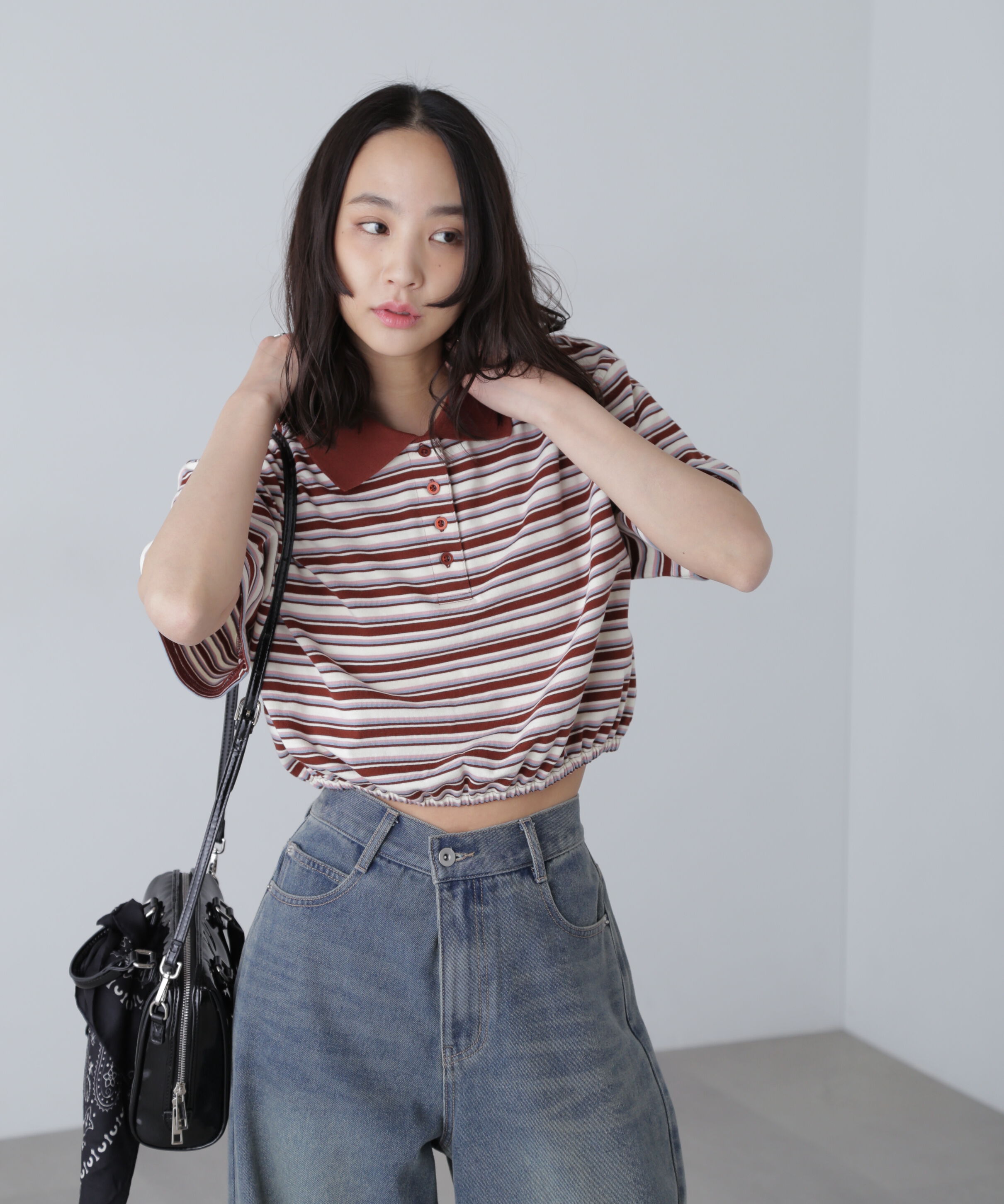  「ボーダーポロクロップドトップス」|Tシャツ・カットソー|