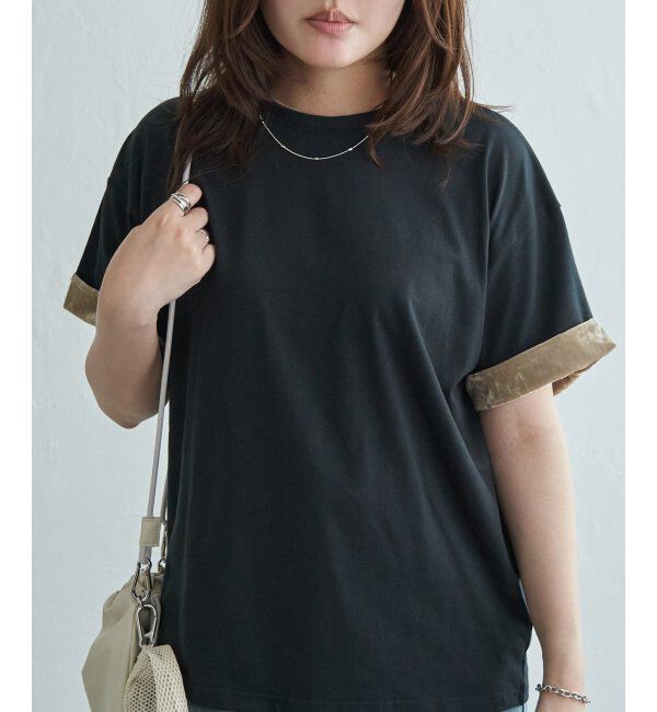 VENCE share style「天竺ベロア袖配色プルオーバー」|その他|ブラック