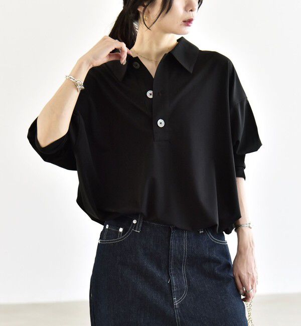 quaranciel「quaranciel:〈接触冷感/洗濯機可能〉シルク ミックス ポンチ ドロスト ポロ プルオーバー」|Tシャツ・カットソー|