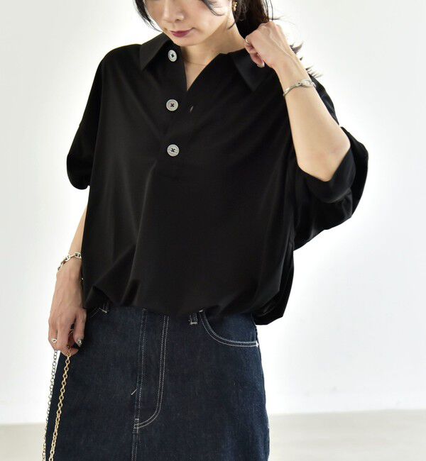quaranciel「quaranciel:〈接触冷感/洗濯機可能〉シルク ミックス ポンチ ドロスト ポロ プルオーバー」|Tシャツ・カットソー|