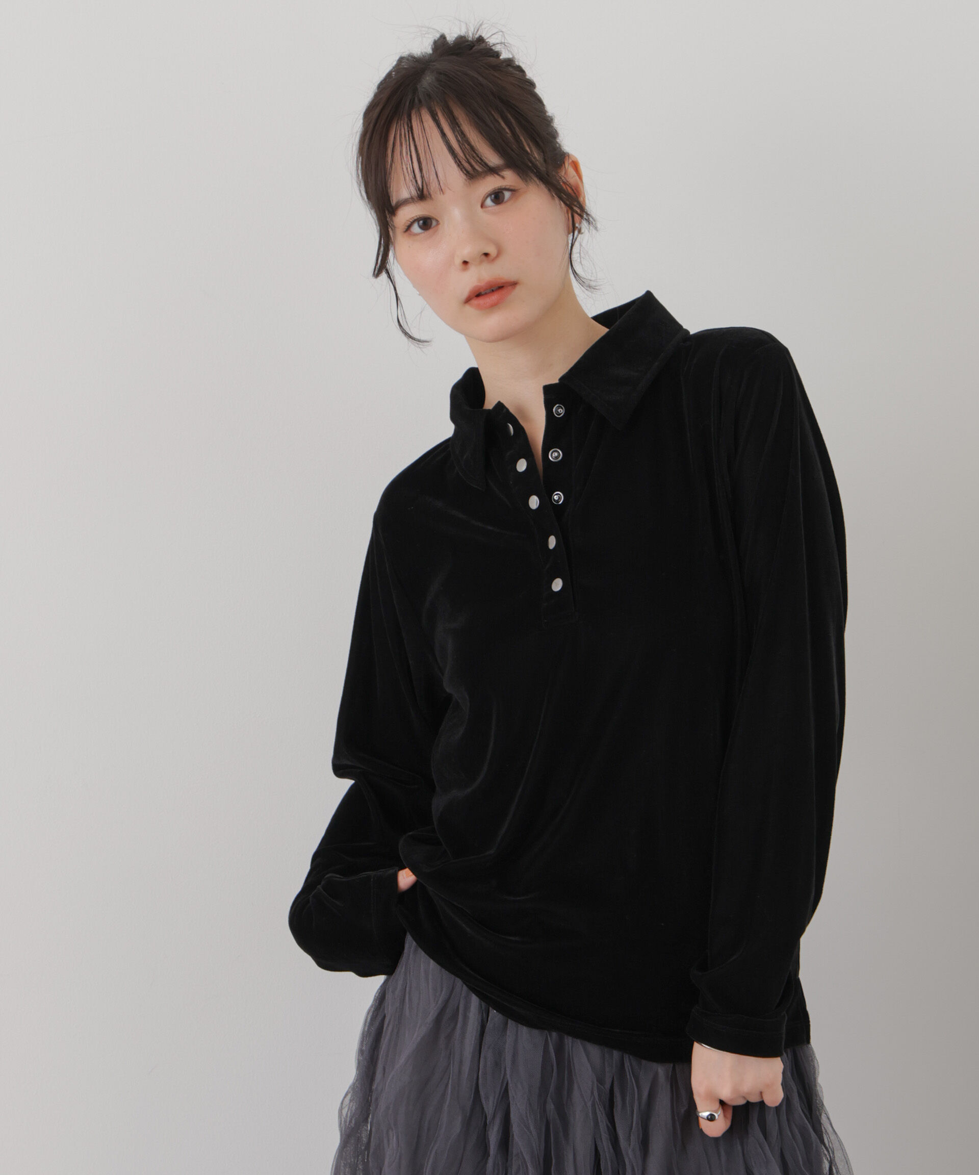 NANO universe「カットベロアドットボタンポロ衿トップス(セットアップ可)」|Tシャツ・カットソー|ブラック
