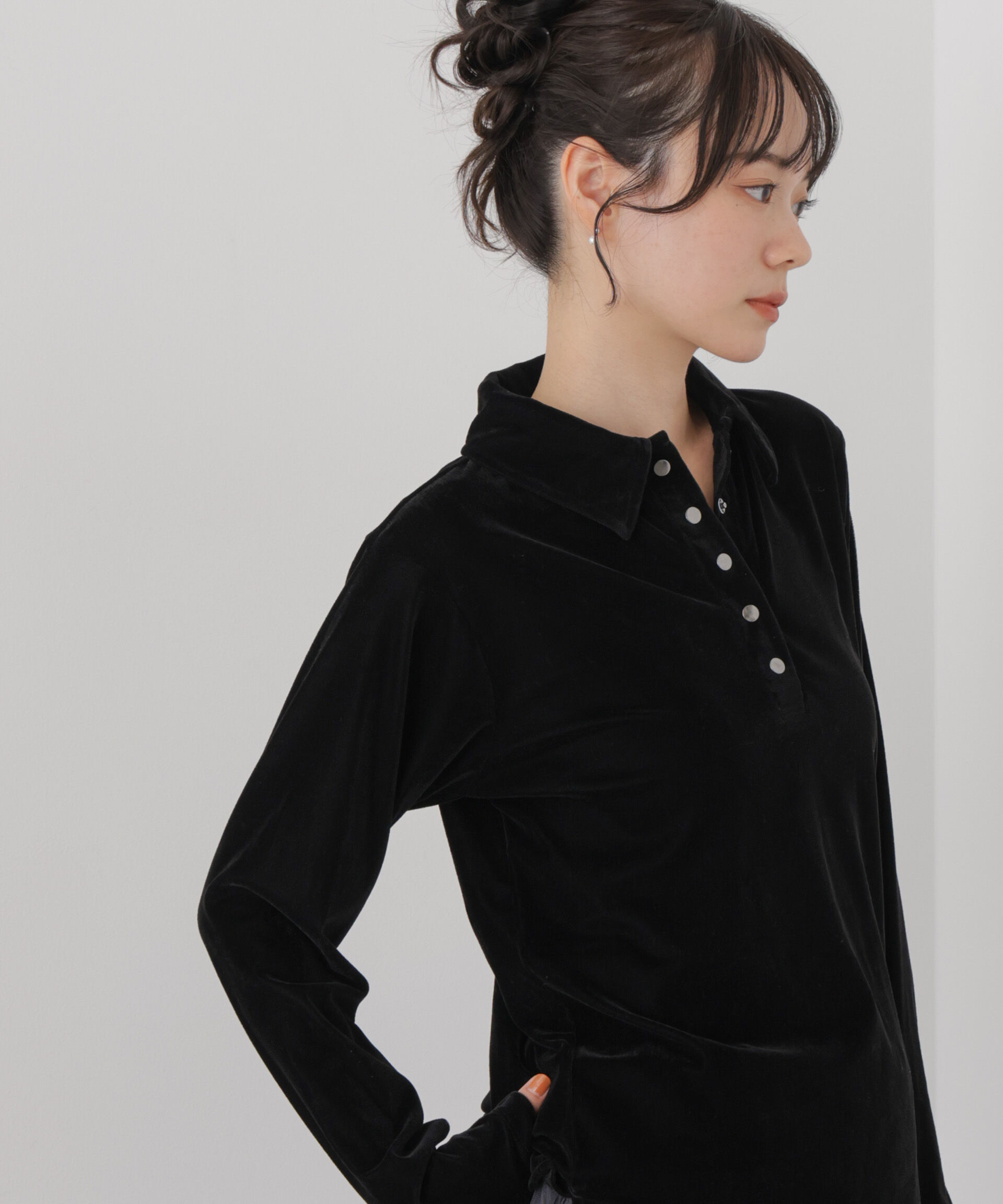 NANO universe「カットベロアドットボタンポロ衿トップス(セットアップ可)」|Tシャツ・カットソー|