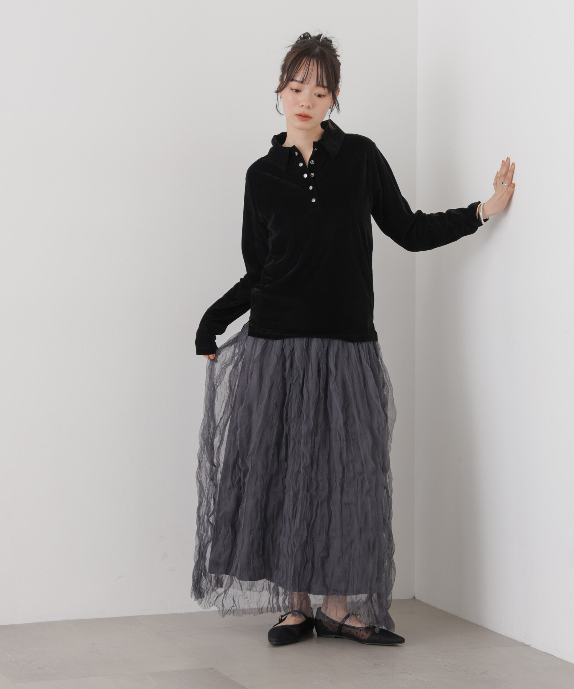 NANO universe「カットベロアドットボタンポロ衿トップス(セットアップ可)」|Tシャツ・カットソー|