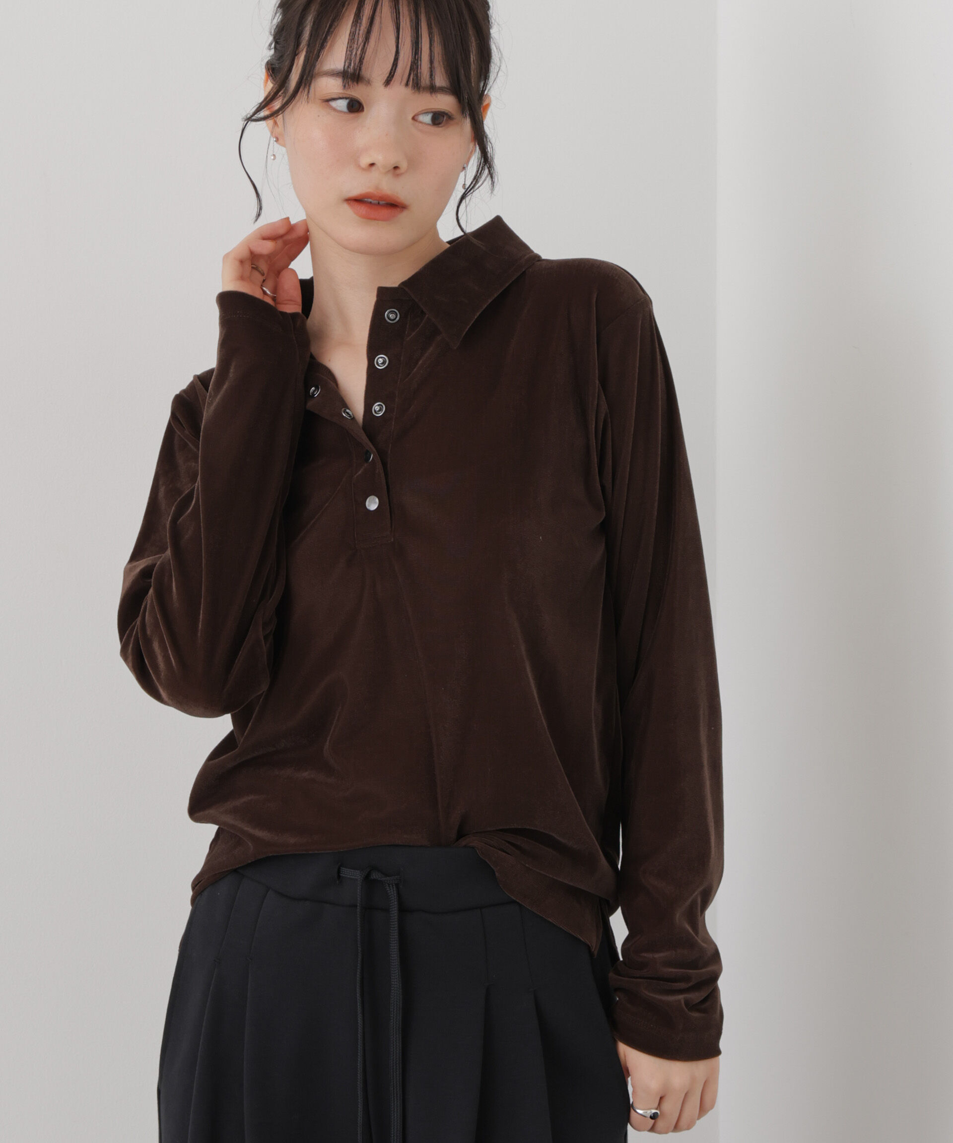 NANO universe「カットベロアドットボタンポロ衿トップス(セットアップ可)」|Tシャツ・カットソー|ブラウン