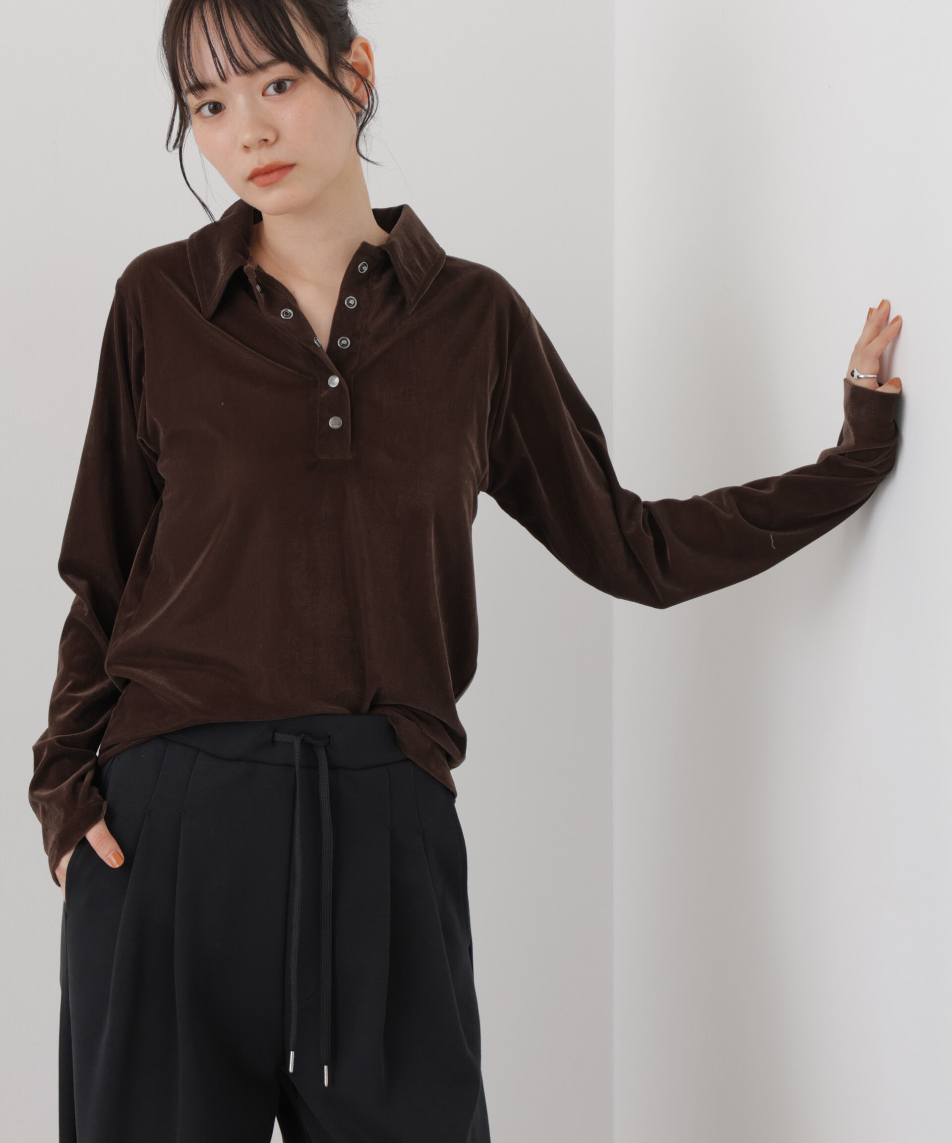 NANO universe「カットベロアドットボタンポロ衿トップス(セットアップ可)」|Tシャツ・カットソー|