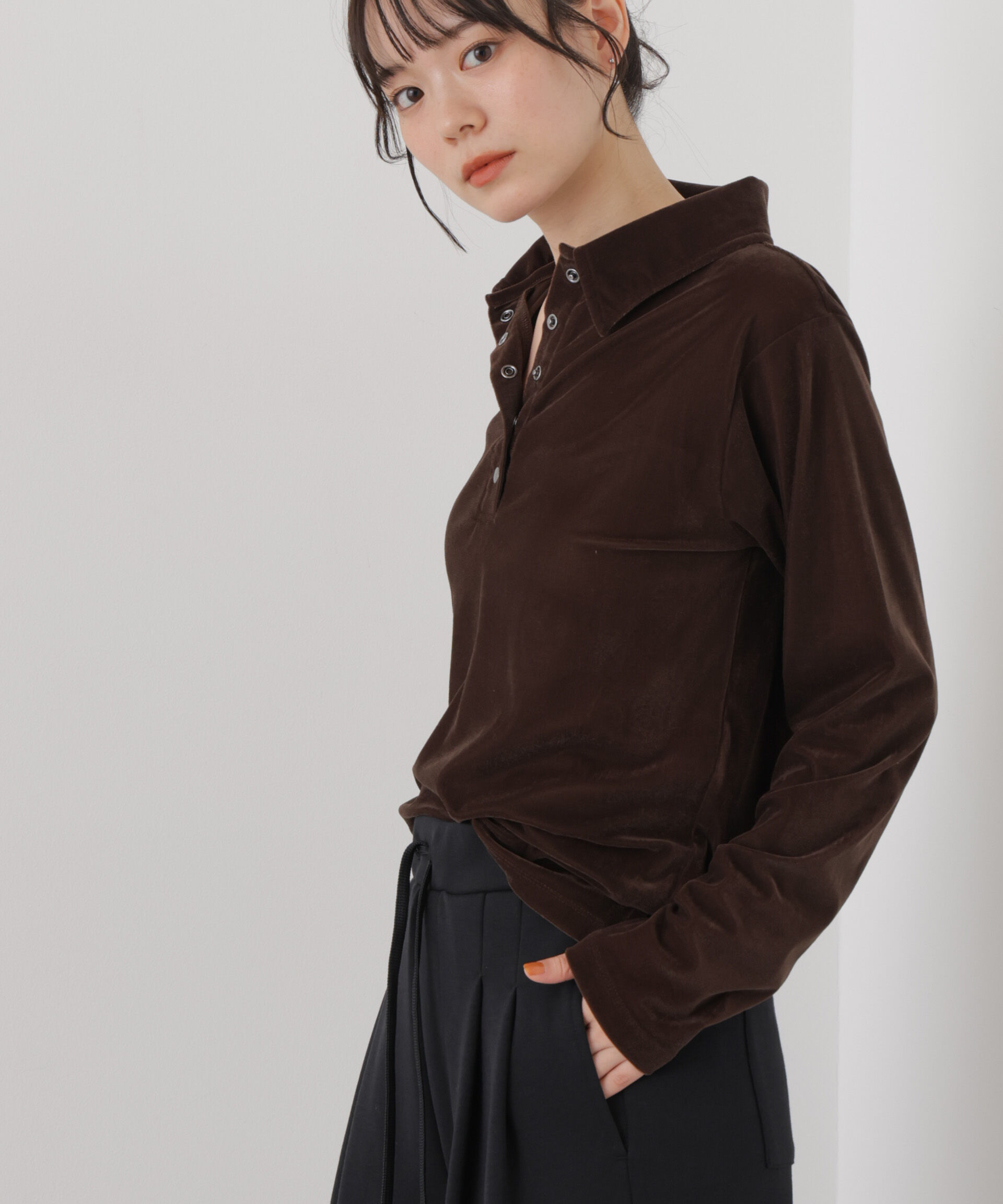 NANO universe「カットベロアドットボタンポロ衿トップス(セットアップ可)」|Tシャツ・カットソー|