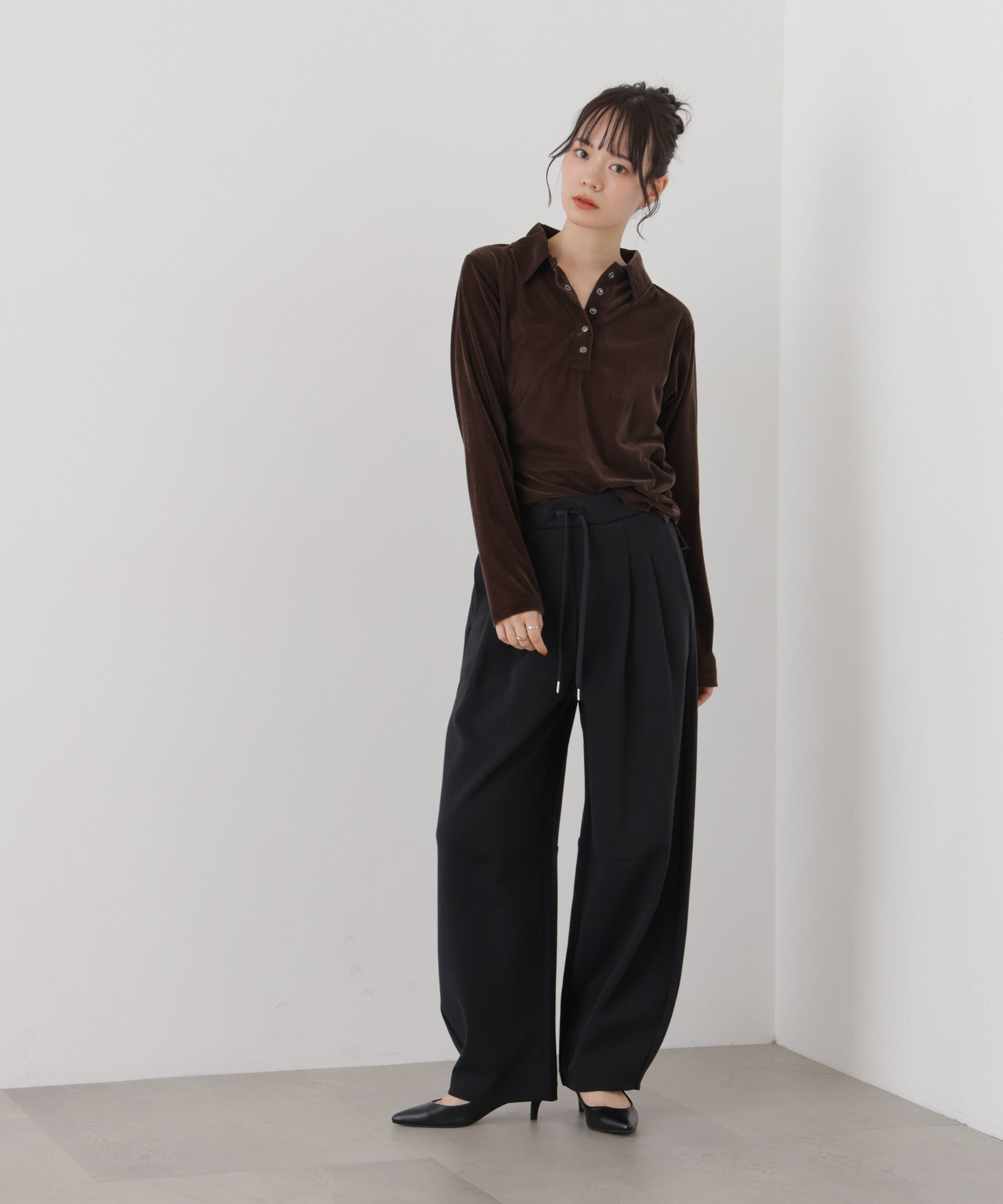 NANO universe「カットベロアドットボタンポロ衿トップス(セットアップ可)」|Tシャツ・カットソー|
