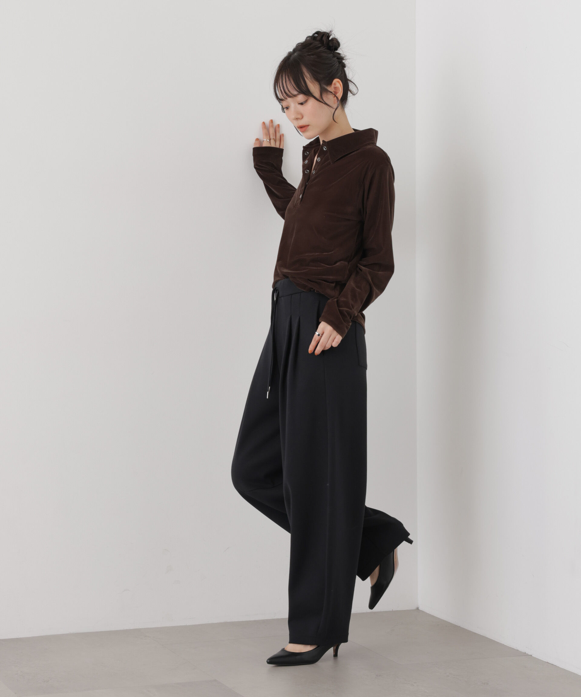 NANO universe「カットベロアドットボタンポロ衿トップス(セットアップ可)」|Tシャツ・カットソー|