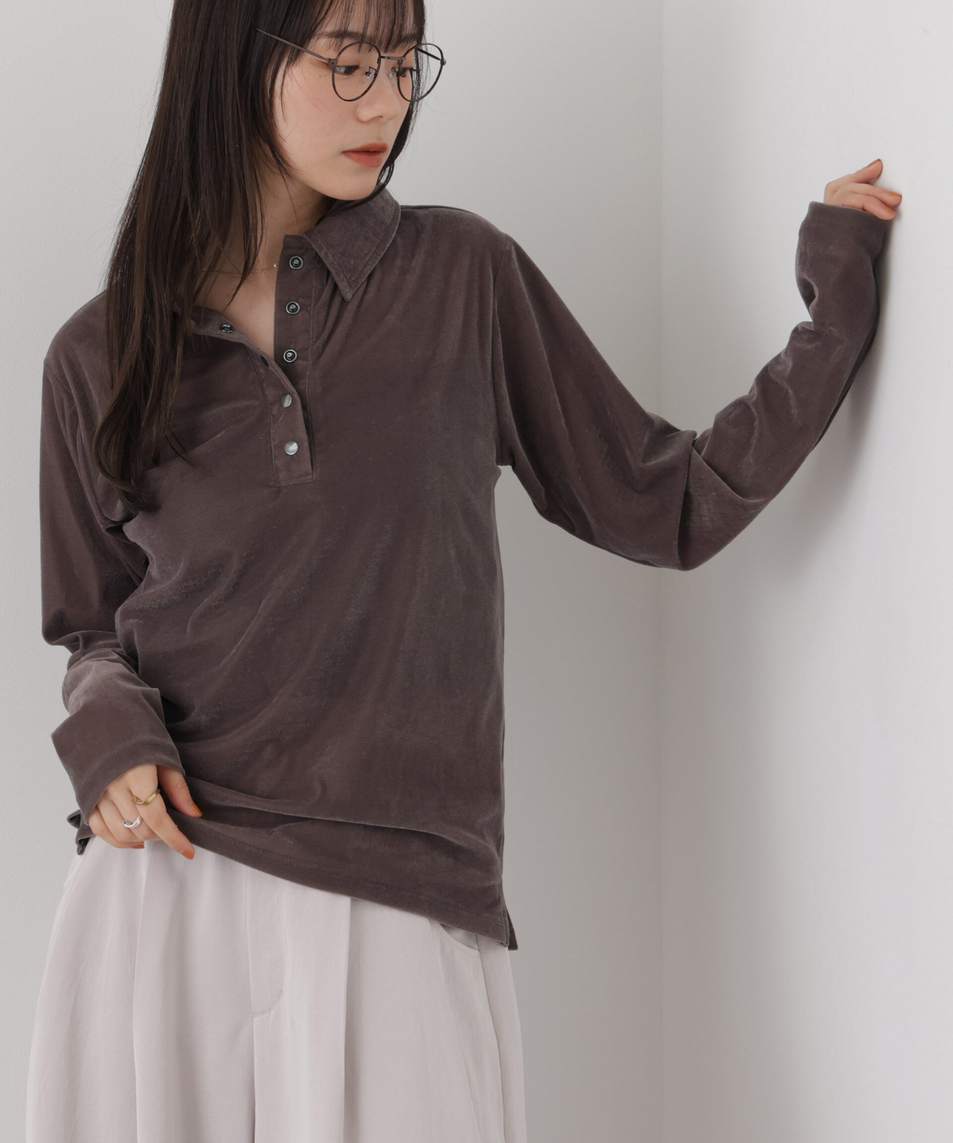 NANO universe「カットベロアドットボタンポロ衿トップス(セットアップ可)」|Tシャツ・カットソー|モカ3