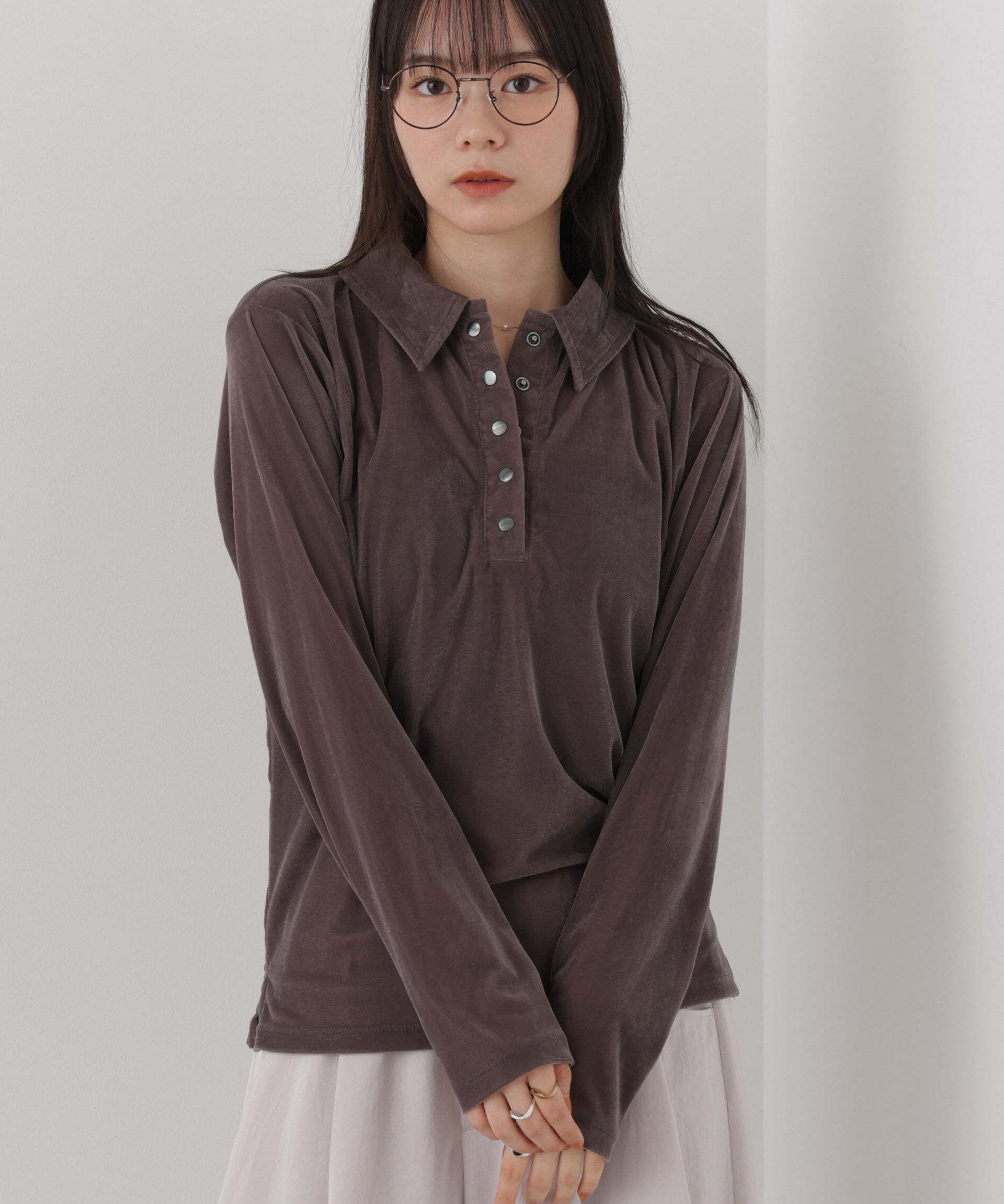 NANO universe「カットベロアドットボタンポロ衿トップス(セットアップ可)」|Tシャツ・カットソー|