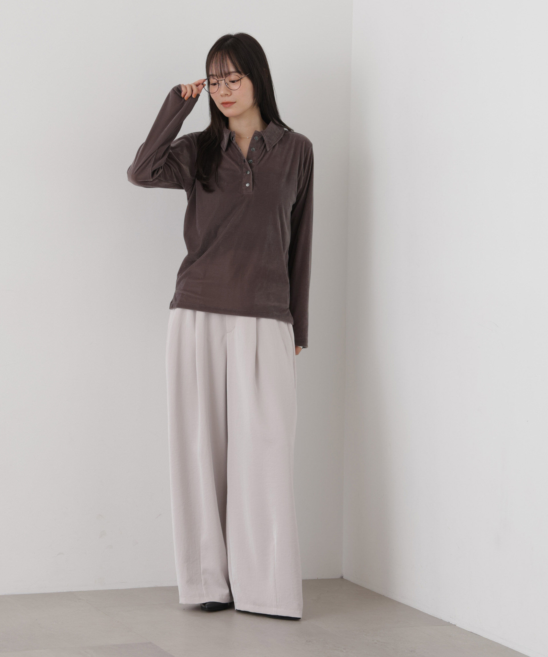 NANO universe「カットベロアドットボタンポロ衿トップス(セットアップ可)」|Tシャツ・カットソー|