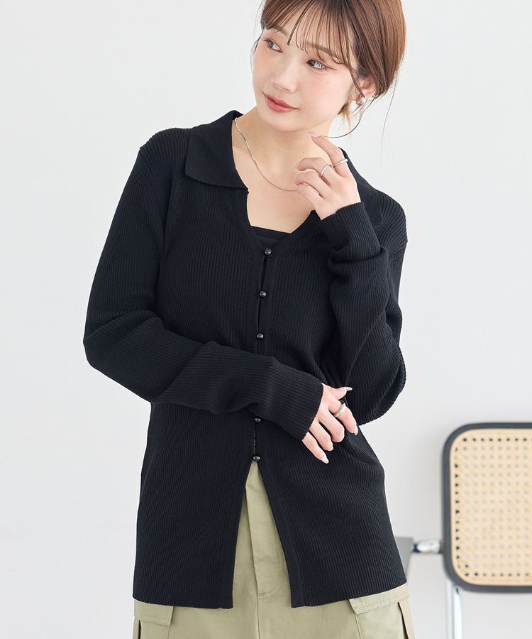 earth music&ecology「スキッパー衿リブカーディガン」|カーディガン|Black