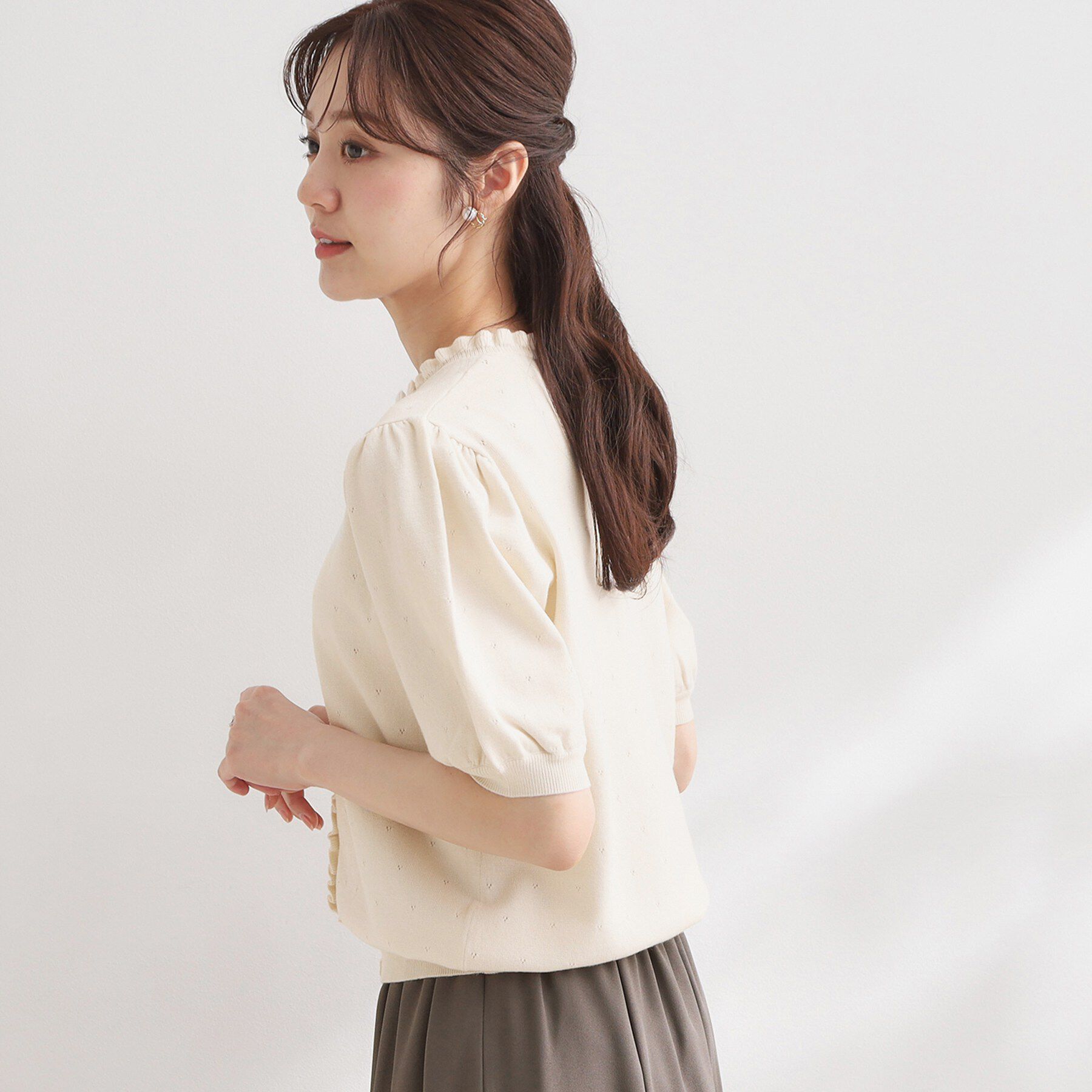 Couture broach「【洗える】透かし編み 半袖フリルカーデ」|カーディガン|
