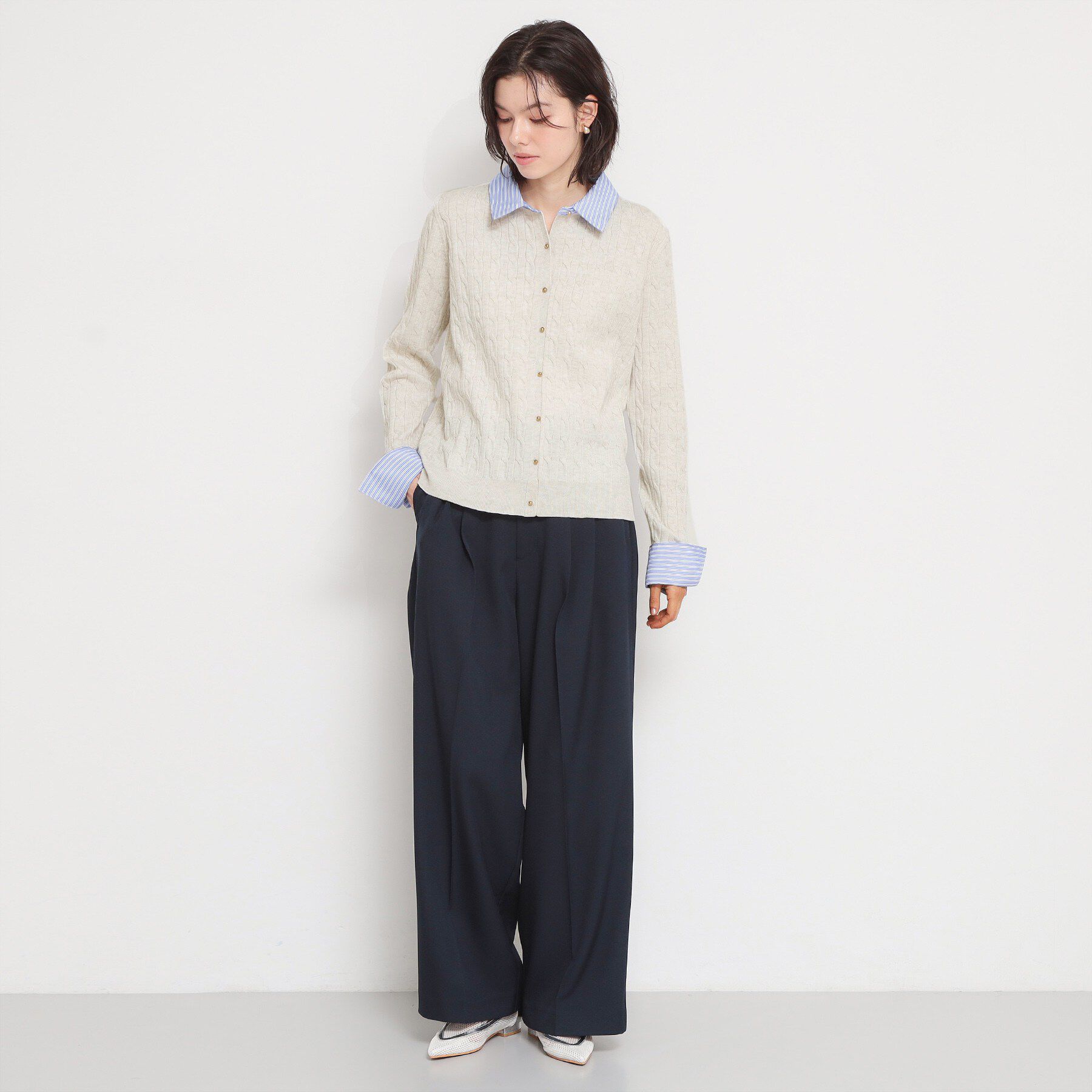 THE SHOP TK「【1枚でスタイル決まる】シャツレイヤード風 襟付ケーブルニット」|ニット・セーター|