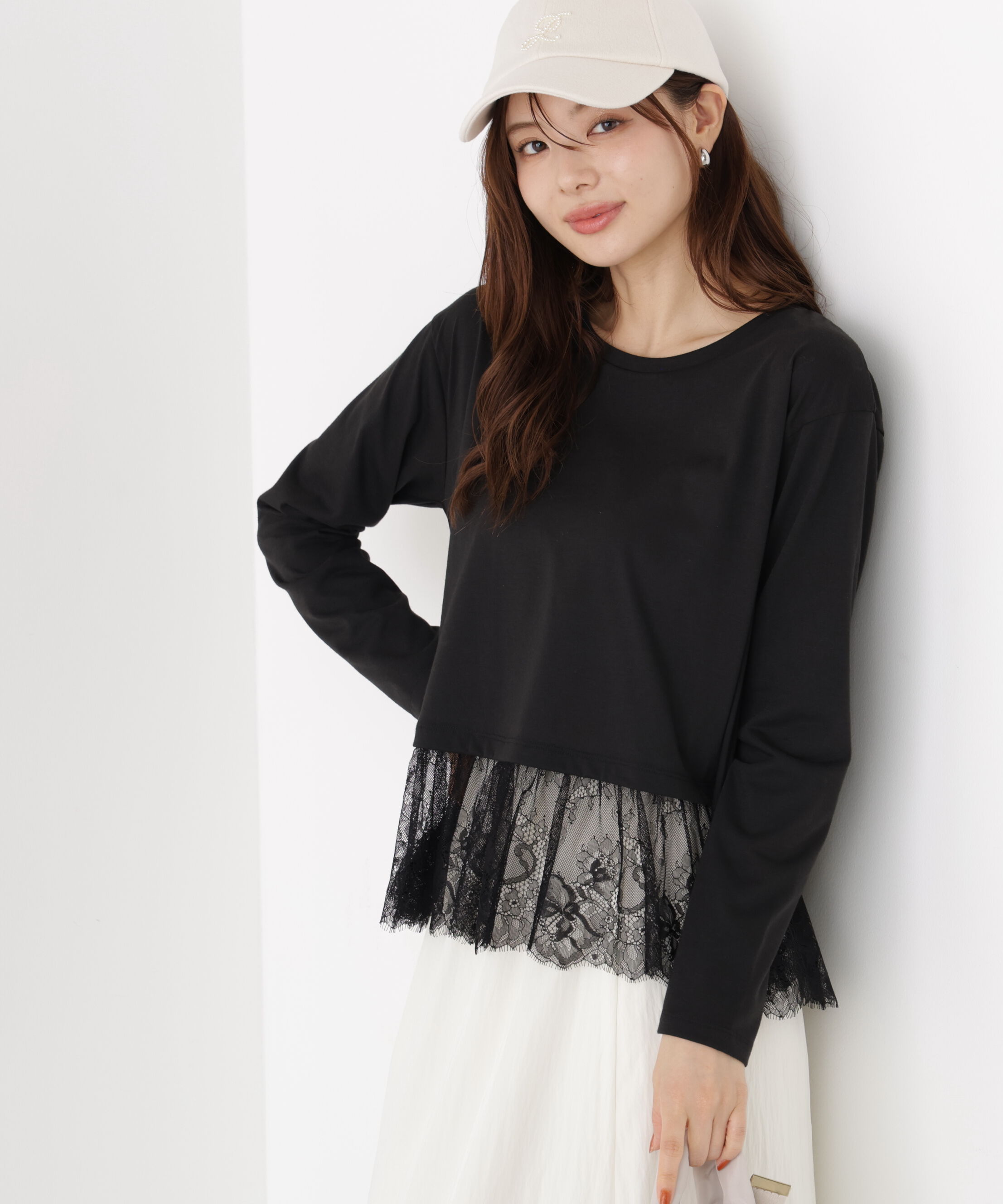  「＜a/mie＞レースヘム長袖Tシャツ」|Tシャツ・カットソー|