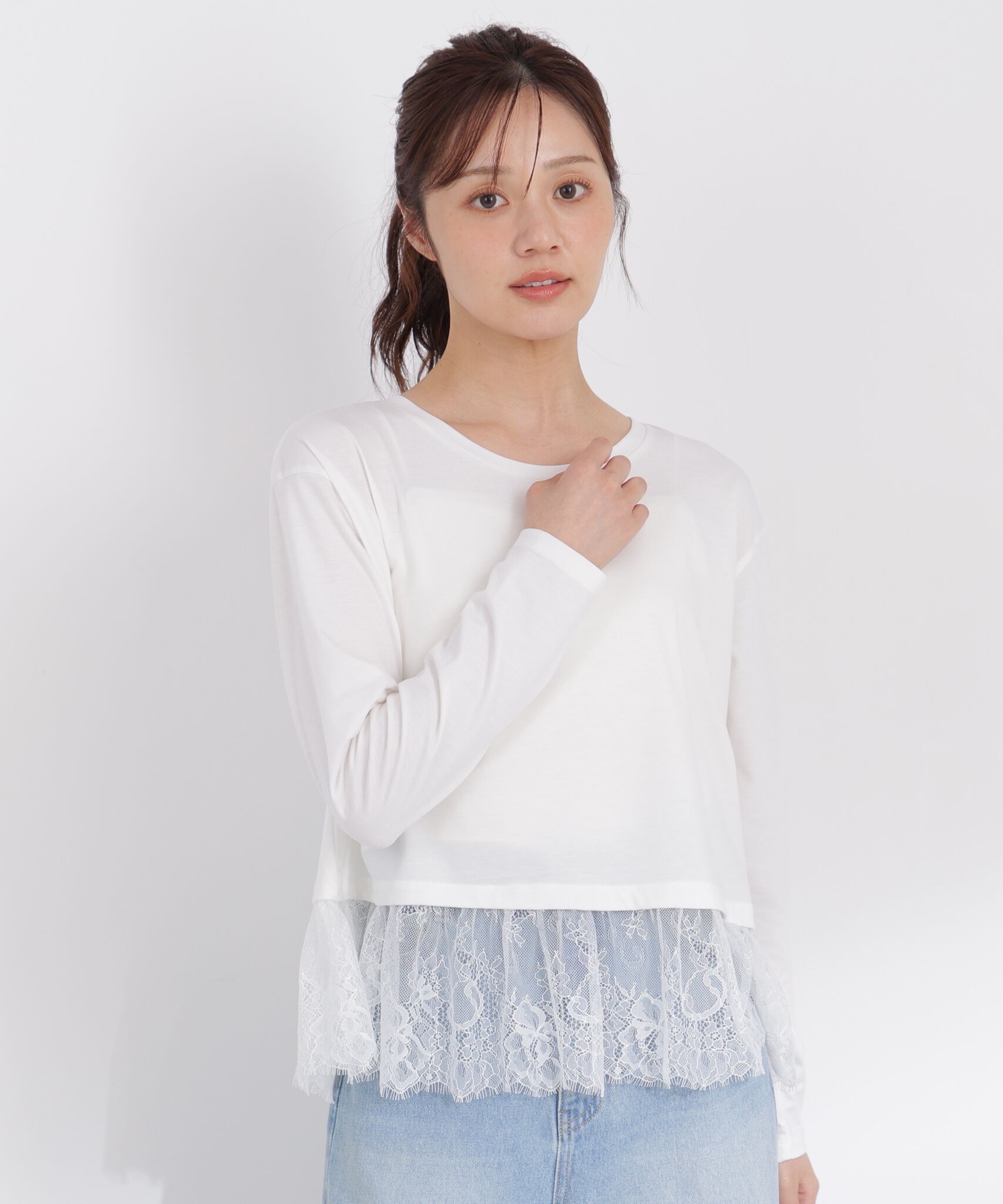  「＜a/mie＞レースヘム長袖Tシャツ」|Tシャツ・カットソー|
