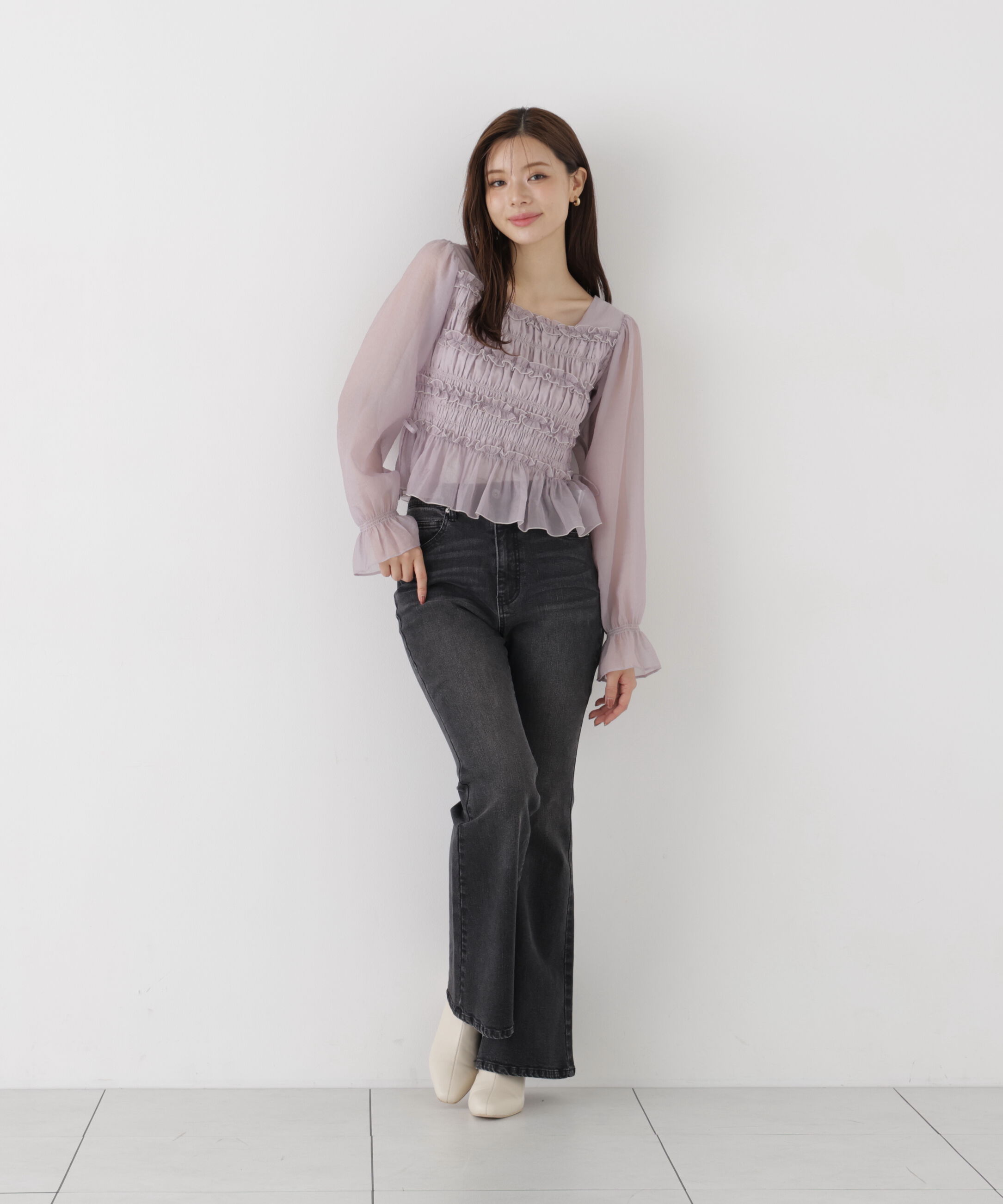 PROPORTION BODY DRESSING「＜a/mie＞シャーリングフリルキャンディースリーブブラウス」|シャツ・ブラウス|