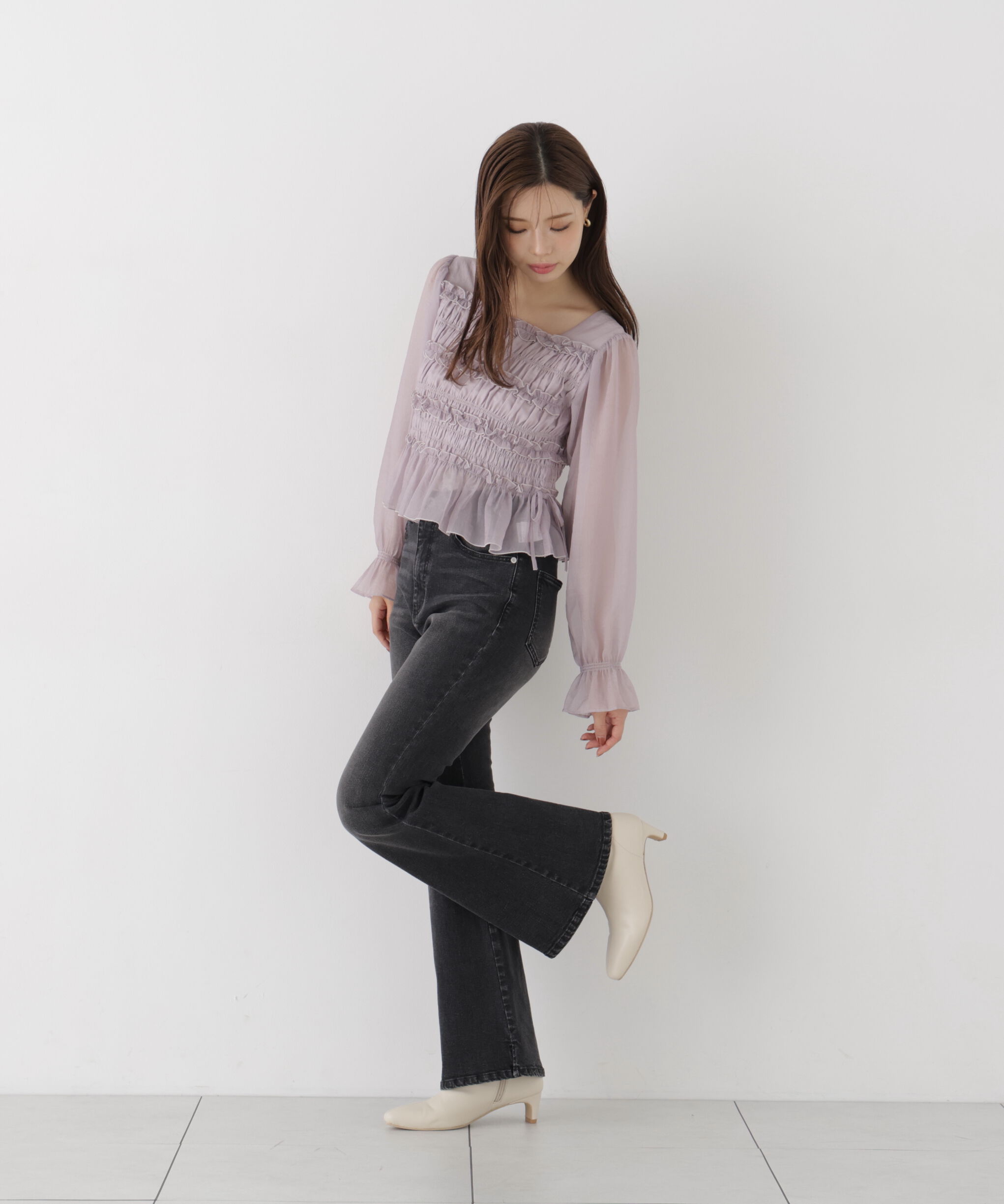 PROPORTION BODY DRESSING「＜a/mie＞シャーリングフリルキャンディースリーブブラウス」|シャツ・ブラウス|
