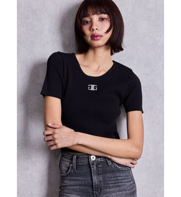 GYDA「symmetry GYDAプレートハーフスリーブニットTOPS」|ニット・セーター|ブラック