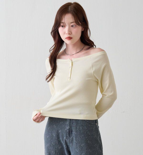  「【無地&ボーダー】オフショルリブtee」|Tシャツ・カットソー|