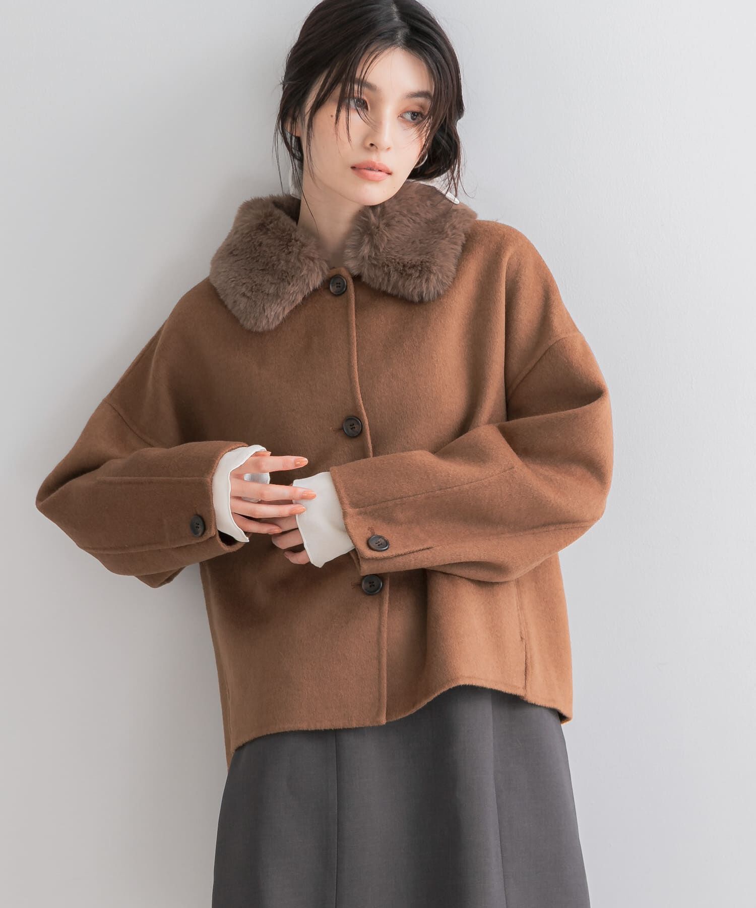 URBAN RESEARCH ROSSO「『WEB/一部店舗限定』2wayファーカラーリバーショートコート」|ノーカラーコート|キャメル