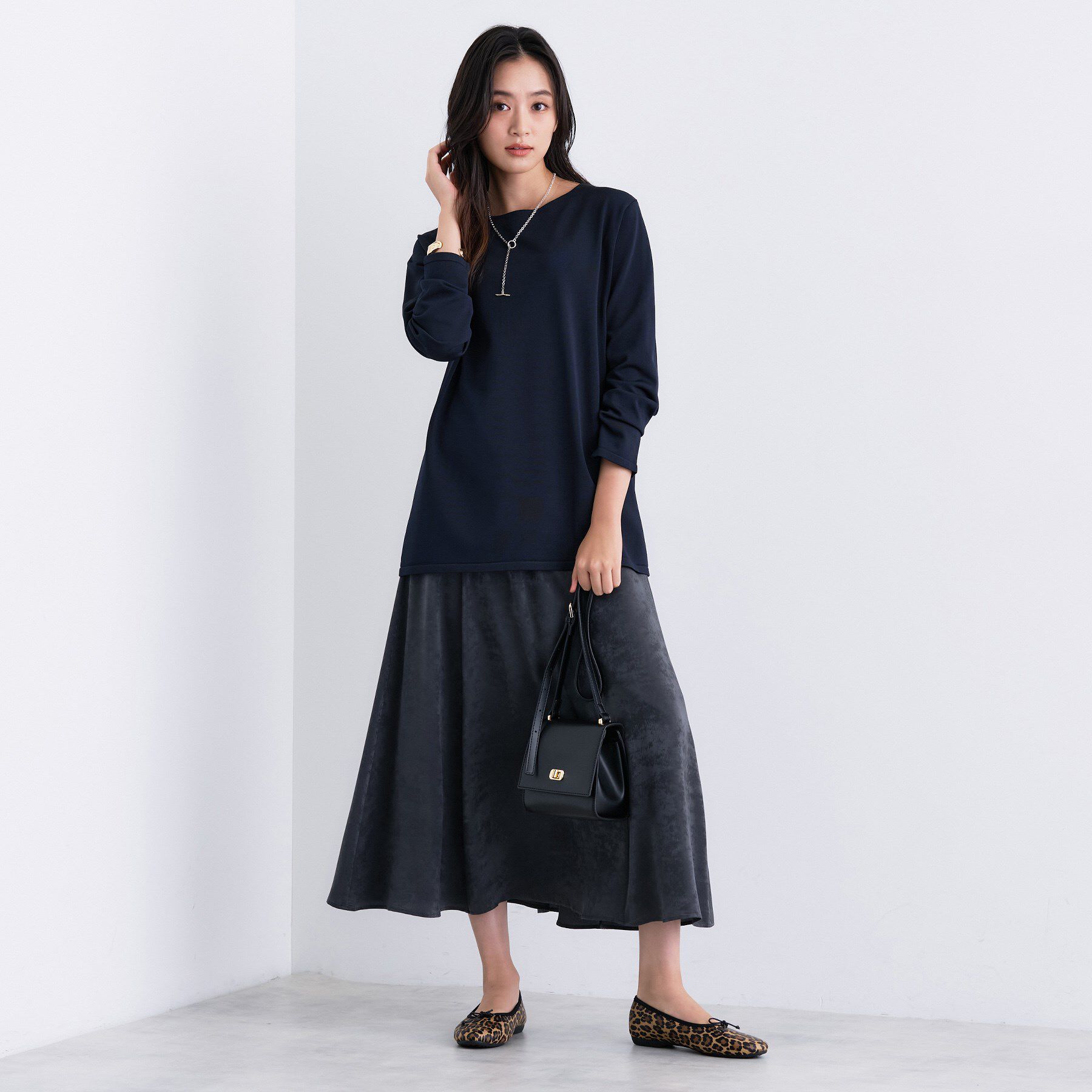 INDIVI「ロングライン ストレッチニット」|ニット・セーター|