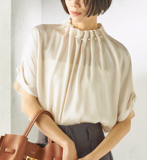 SHIPS for women「【一部WEB限定】〈手洗い可能〉パール モチーフ ネック ギャザー ドルマン ブラウス」|シャツ・ブラウス|ナチュラル