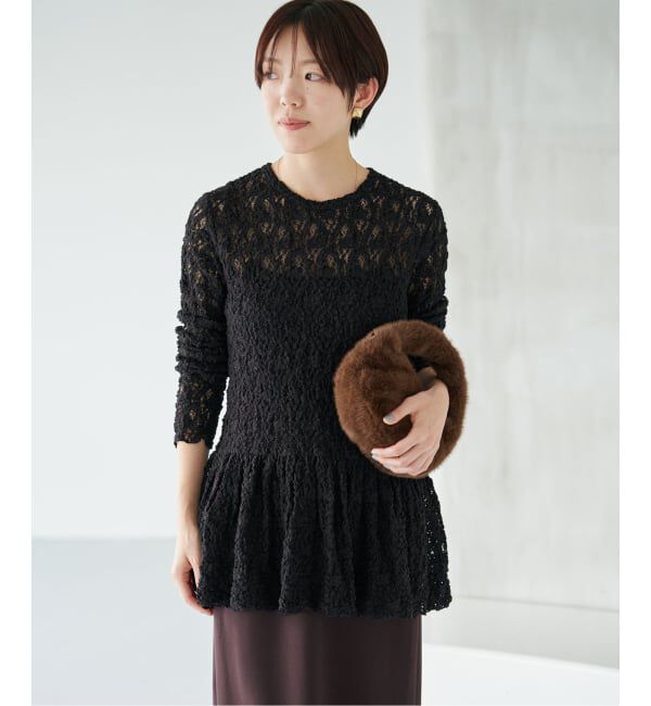 IENA「《WEB限定/追加》Flowerストレッチレース ペプラムプルオーバー」|Tシャツ・カットソー|