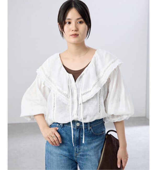 IENA「リネンメッシュ ラッフルブラウス」|シャツ・ブラウス|