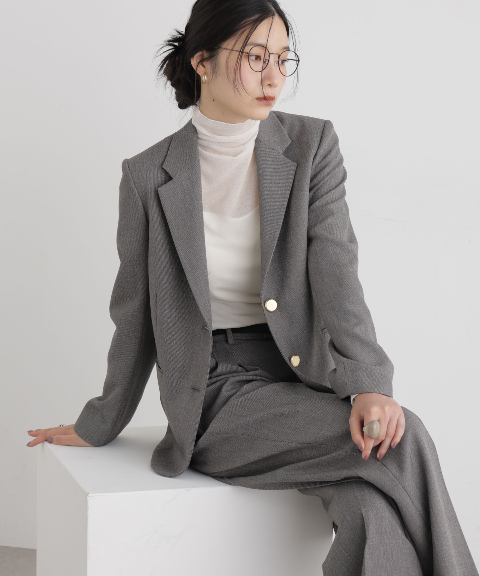 美品✨【ナノユニバース】金ボタンダブルジャケットパンツ セットアップ グレーM シャンブレーシャークスキンシングル金釦ジャケット(セットアップ可