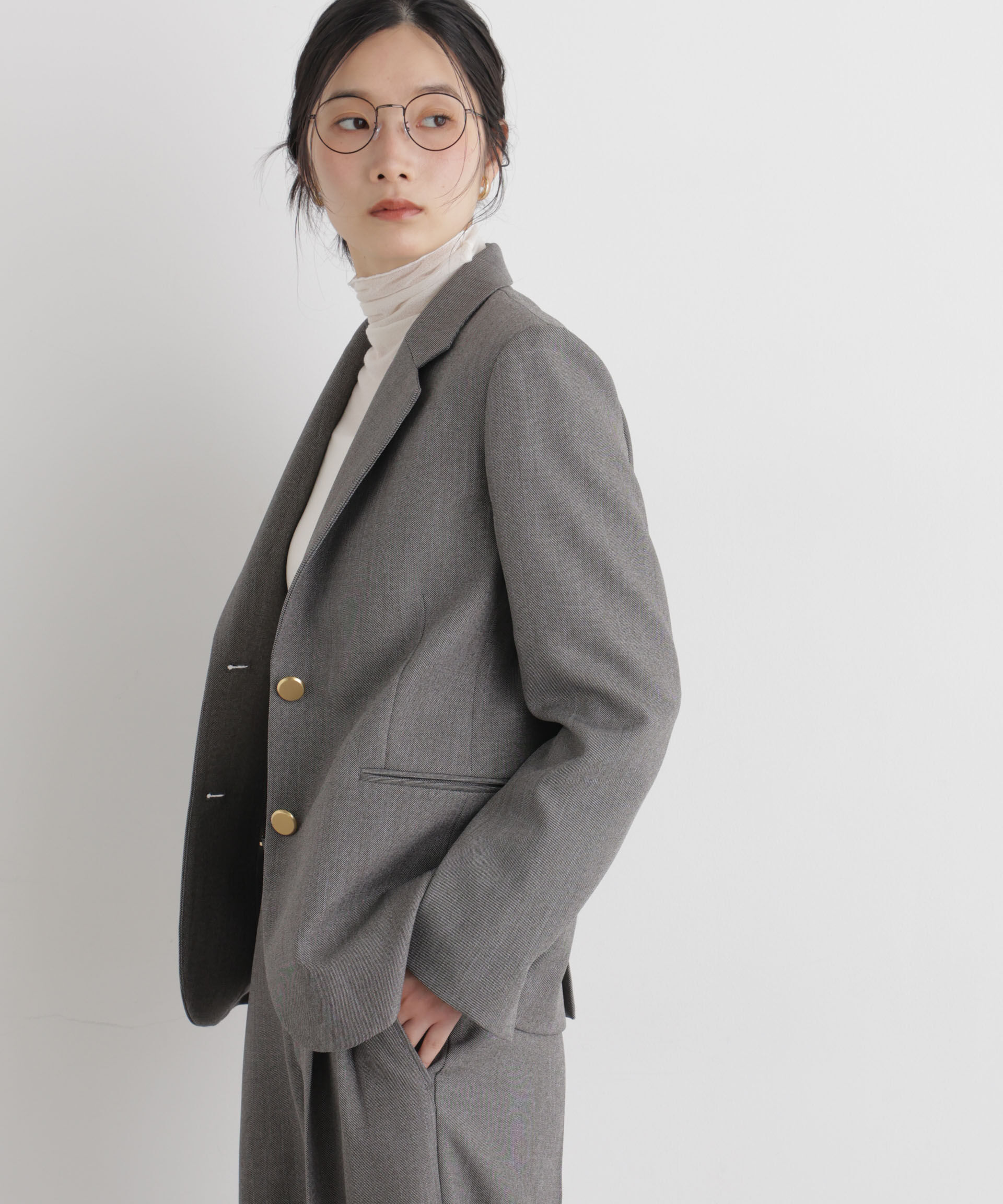シャンブレーシャークスキンシングル金釦ジャケット(セットアップ可