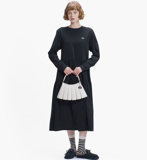 LACOSTE「ティアード鹿の子ロングドレス / ティアードワンピース」|ワンピース|ブラック