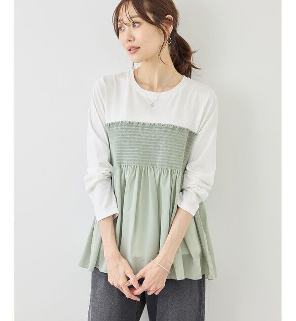 Rope&rsquo;Picnic「シャーリングドッキングロングスリーブカットソー/リンクコーデ」|Tシャツ・カットソー|ライトグリン(33)