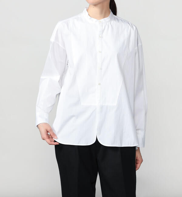 「TICCA | コットンポプリン ノーカラービブヨークシャツ WOMEN」|シャツ・ブラウス|WHITE